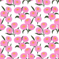 Illustration seamless pattern of pink petal abstract flower blossom on white background, pastel color flora repeat arranged patterns for wallpaper, fashion fabric textiles and paper wrapping