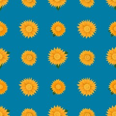 Illustration seamless patterns drawing of yellow petal sunflower blooming, geometry plaid repeat pattern arranged on blue background for fashion fabric textiles, wallpaper, paper wrapping