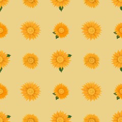 Illustration seamless patterns drawing of yellow petal sunflower blooming, geometry plaid repeat pattern arranged on yellow background for fashion fabric textiles, wallpaper, paper wrapping