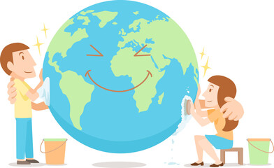 Cartoon illustration Man and Woman cleaning up the World.	