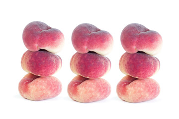 Donut peach on white background. Flat peach, doughnut peach, donut peach or Saturn peach.