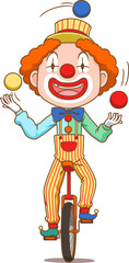 Cartoon character of clown juggling with colorful balls and riding one wheel bike.	