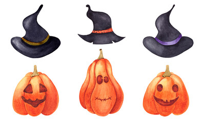 Set of watercolor Halloween pumpkins with hats. Carved faces pumpkins. Hand drawn holiday illustrations isolated on white background.