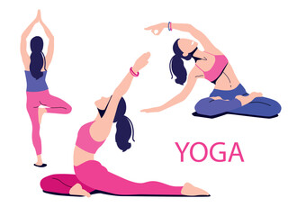 Young woman sits in a Yoga Pose and meditates. The girl doing the stretching exercises. 
Physical practice. Vector flat illustration.	
