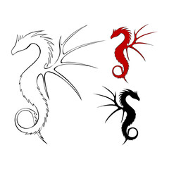 Dragon contour and silhouette dark black and red, hand drawn set art.