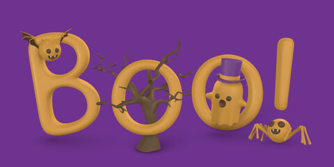 Happy Halloween banner design. Cute cartoon 3d Halloween elements. Vector illustration