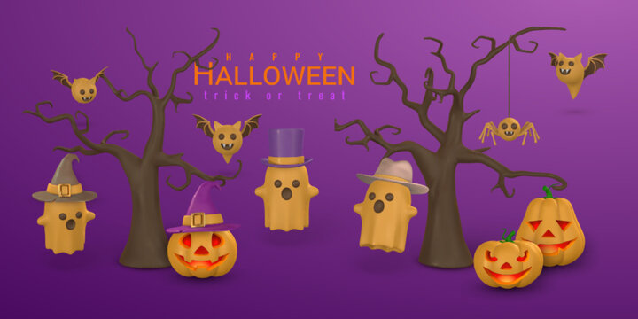 Happy Halloween. Cute cartoon 3d pumpkin, ghost, bat and spooky dark tree. Halloween concept. Vector illustration