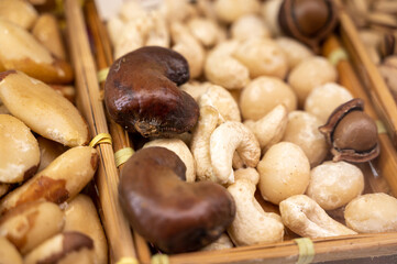 Roasted cashew and macadamia nuts, tasty healthy vegetarian food
