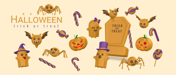 Cute cartoon 3d Halloween objects: pumpkin, ghost, tombstone, bat, spider and candy. Halloween concept. Vector illustration