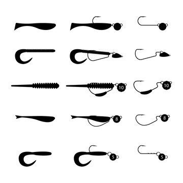 Fishing rigs of silicone lures, flat vector illustration.