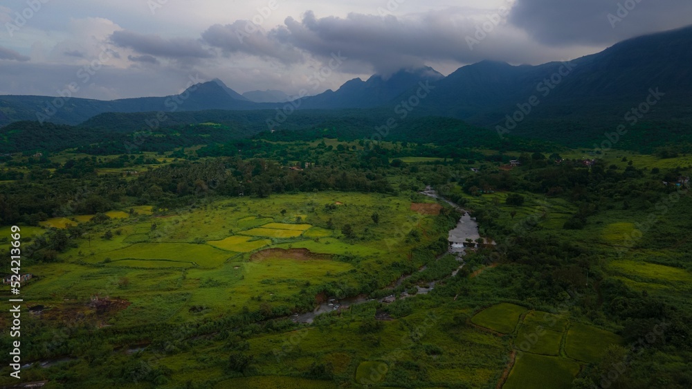 Wall mural Aerial view of beautiful green land and the mountains in the background on a cloudy day