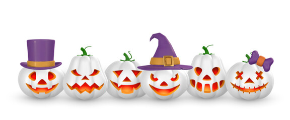 Cute cartoon 3d Halloween pumpkin with scary face and ghost with hat. Halloween concept. Vector illustration