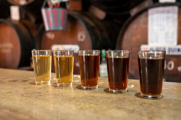 Tasting of different sweet wines from wooden barrels on old bodega in central part of Malaga,...