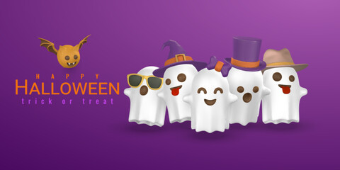Cute cartoon 3d Halloween ghost with top, witch hats and bow. Halloween concept. Vector illustration