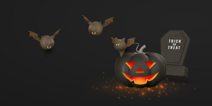Happy Halloween creative banner. Cute cartoon 3d Halloween pumpkin, tombstone, bat. Halloween concept. Vector illustration