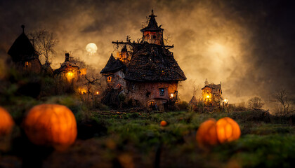 witch village illustration with pumpkins on halloween night. realistic halloween festival illustration. Halloween night pictures for wall paper. 3D illustration. Use digital paint blurring techniques.