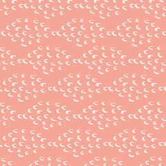 Modern vector scallop shell seamless pattern background. Naive pink white backdrop with shells created from single doodle waves. Abstract pottery etching texture irregular geometric horizontal repeat.