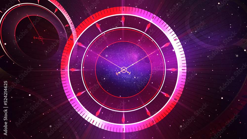 Poster time travel concept abstract background with clocks and dial in a space. traveling to future and pas