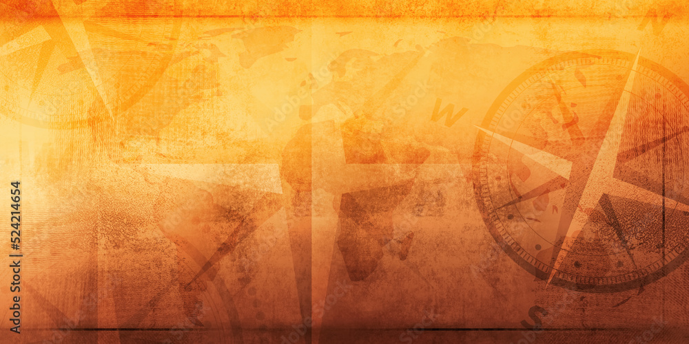 Poster abstract ancient orange background with compass and grunge texture. rough old paper map texture with