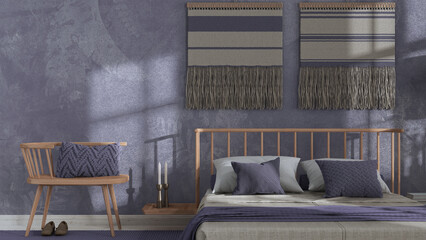 Wabi sabi bedroom in white and purple tones close up with macrame wall art and wallpaper. Wooden furniture, carpets and double bed. Japandi interior design