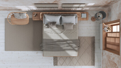 Obraz na płótnie Canvas Wabi sabi bedroom in white and beige tones with macrame wall art and wallpaper. Wooden furniture, carpets and double bed. Top view, plan, above. Japandi interior design