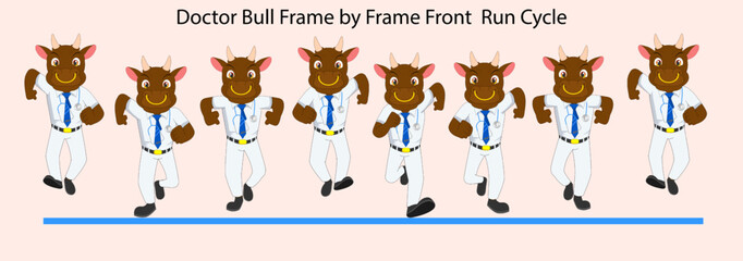 Cartoon bull as a doctor, Frame by Frame  Front run cycle. Can be used for 2D Animation, Motion graphics, explanatory animated videos, posters