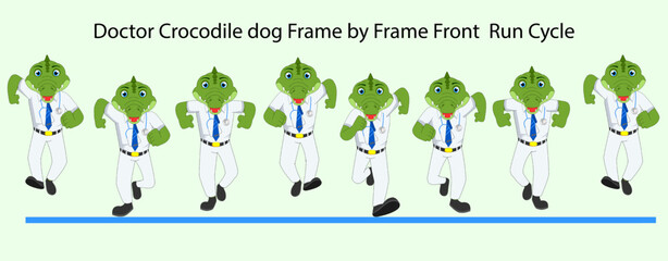 Cartoon crocodile front run cycle pose to pose animated. Ready to use in 2D animation, Motion poster, Explanatory Videos, Easy to edit.