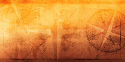 Abstract Ancient Orange Background with Compass and Grunge Texture. Rough old paper map texture with free space