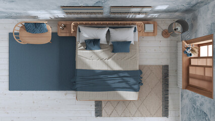 Wabi sabi bedroom in white and blue tones with macrame wall art and wallpaper. Wooden furniture, carpets and double bed. Top view, plan, above. Japandi interior design