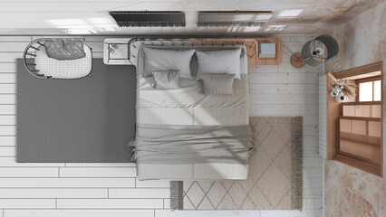 Architect interior designer concept: hand-drawn draft unfinished project that becomes real, wabi sabi bedroom with macrame wall art. Double bed. Top view, plan, above. Japandi