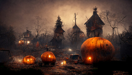 illustration of a witch's abandoned village with pumpkins.realistic halloween festival illustration. Halloween night pictures for wall paper. 3D illustration. Use digital paint blurring techniques.