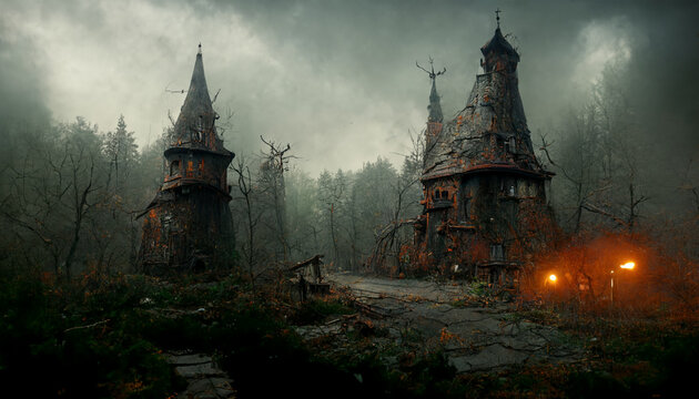 illustration of a witch's abandoned village with pumpkins.realistic halloween festival illustration. Halloween night pictures for wall paper. 3D illustration. Use digital paint blurring techniques.
