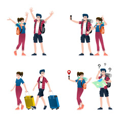 Fototapeta premium Young happy man and woman tourists flat cartoon character. Around the world traveling male and female people on a summer vacation trip, Isolated on white background.