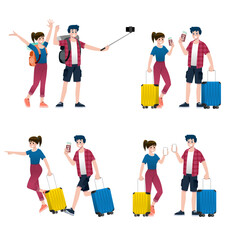 Young happy man and woman tourists flat cartoon character. Around the world traveling male and female people on a summer vacation trip, Isolated on white background.