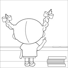 Girl student in the classroom writing on the school chalkboard. Vector black and white coloring page