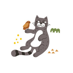 Vector illustration with a cat and a bird isolated on a white background. Modern vector illustration in hand drawn style.