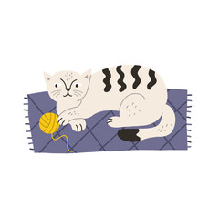 Vector illustration with a relaxing cat on the mat. All objects are isolated on a white background. Modern vector illustration in hand drawn style