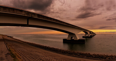 The famous Seeland Bridge in the Netherlands in the fantastic evening light
