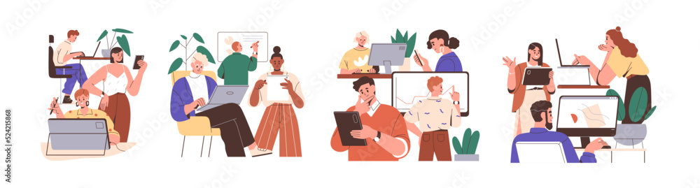 Poster Teamwork concept. Groups of people work in teams together at business corporate projects for common goal. Working process with different tasks. Flat vector illustrations isolated on white background