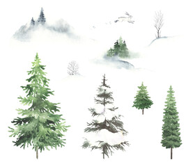 Set of Christmas trees and running hare in snow, watercolor winter isolated illustration for your design, collection of decorations elements, drawing wildlife nature. - obrazy, fototapety, plakaty