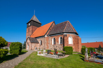 Fototapeta na wymiar The Gothic Church of St. James the Apostle in Ostrowite, Pomeranian Voivodeship, Poland