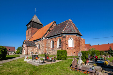 Fototapeta na wymiar The Gothic Church of St. James the Apostle in Ostrowite, Pomeranian Voivodeship, Poland