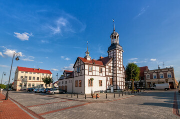 Obraz premium Town hall with a half-timbered structure from 1697. Nowe Warpno, West Pomeranian Voivodeship, Poland.