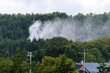 北海道長万部町、飯生神社の林から噴き出す水柱【8月】