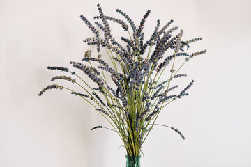 Lavender flowers, lavender in a green vase on a white wall background
