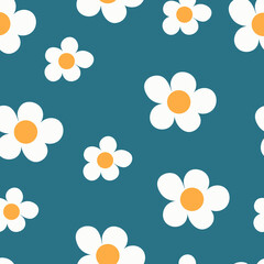 Vector image of a seamless pattern of daisies. Blue background. Textile print, print, wallpaper, background.