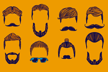 various hair and mustache vector illustration set cartoon style