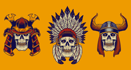 various skull and headdress vector illustration set cartoon style