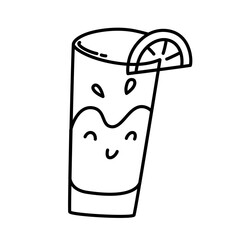 Orange juice doodle icon, vector illustration of juice in a glass, slice of orange, isolated outline clipart on white background, healthy drinks for breakfast