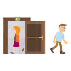 People in the toilet. Man and a woman near the bathroom door, vector illustration